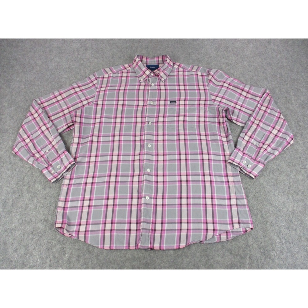 Faconnable Shirt Mens Large Pink Gray Plaid Button Down Lightweight Long Sleeve